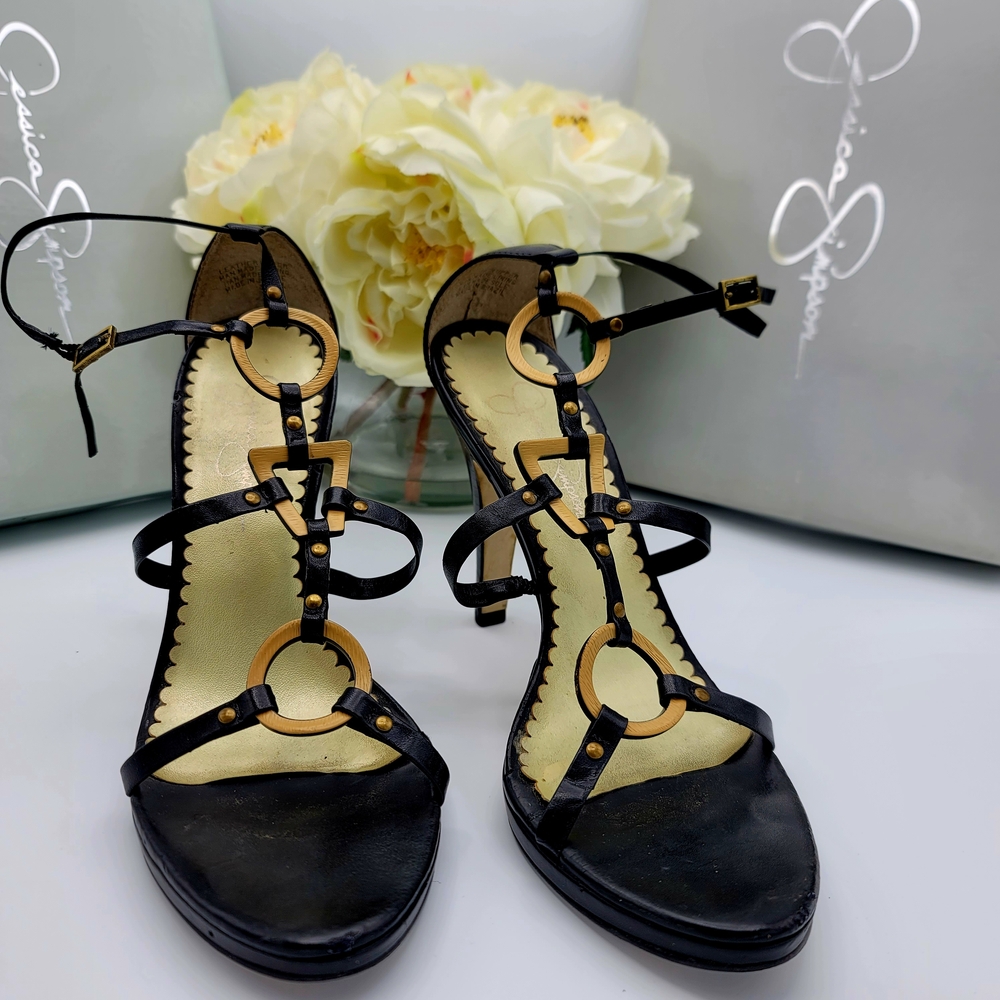Jessica Simpson Y2K Leather Sexy Black and Gold Women's Sandals Heels Size 8.5